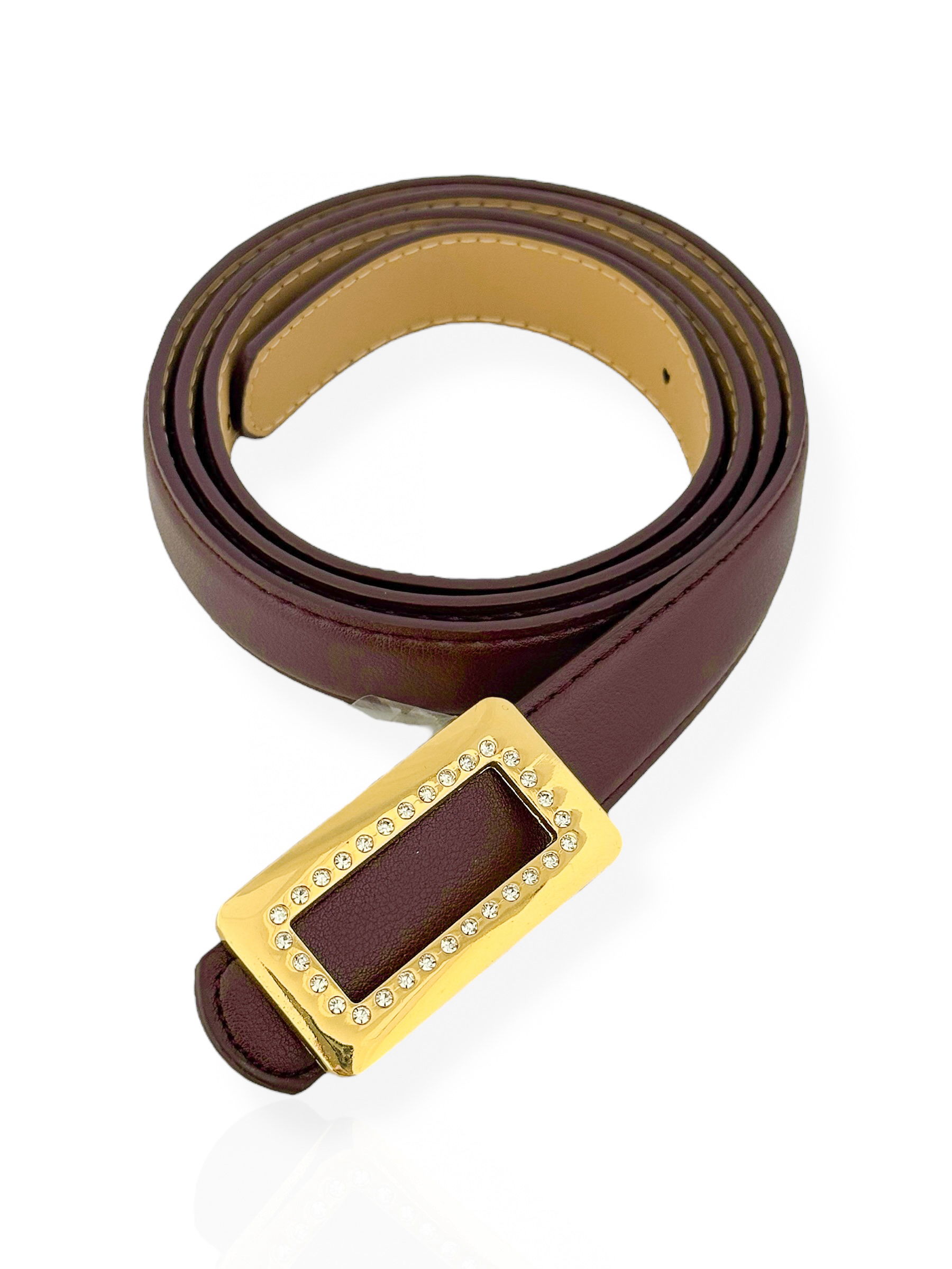 Cinto De Couro Com Fivela Folheado a Ouro 18k Design Quadrado com Zirconias