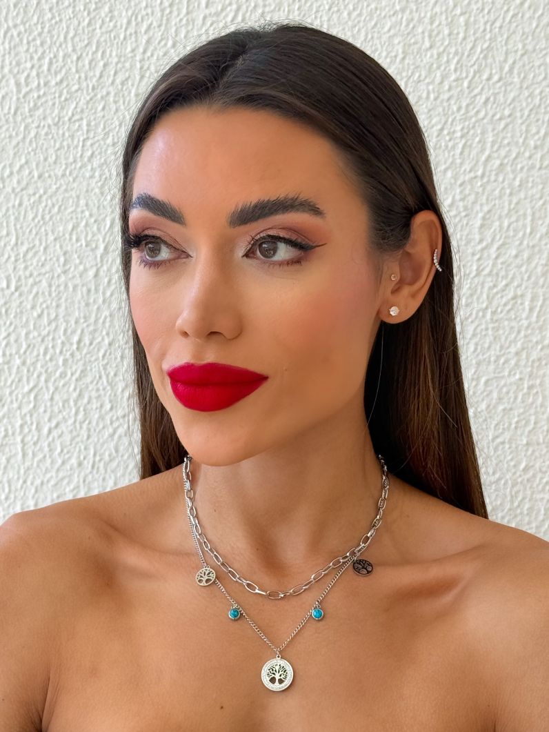 Colar Aço Inoxidavel Duplo Folheado a Ouro 18k e Prata Elos Com Pingente Árvore da Vida