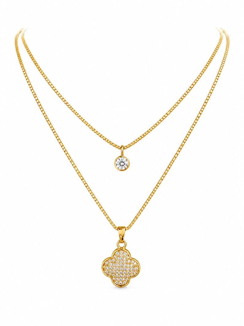 Colar Aço Inoxidavel Duplo Folheado a Ouro 18k e Prata Pingente Inspiração Vg Cravejado e Ponto de Luz