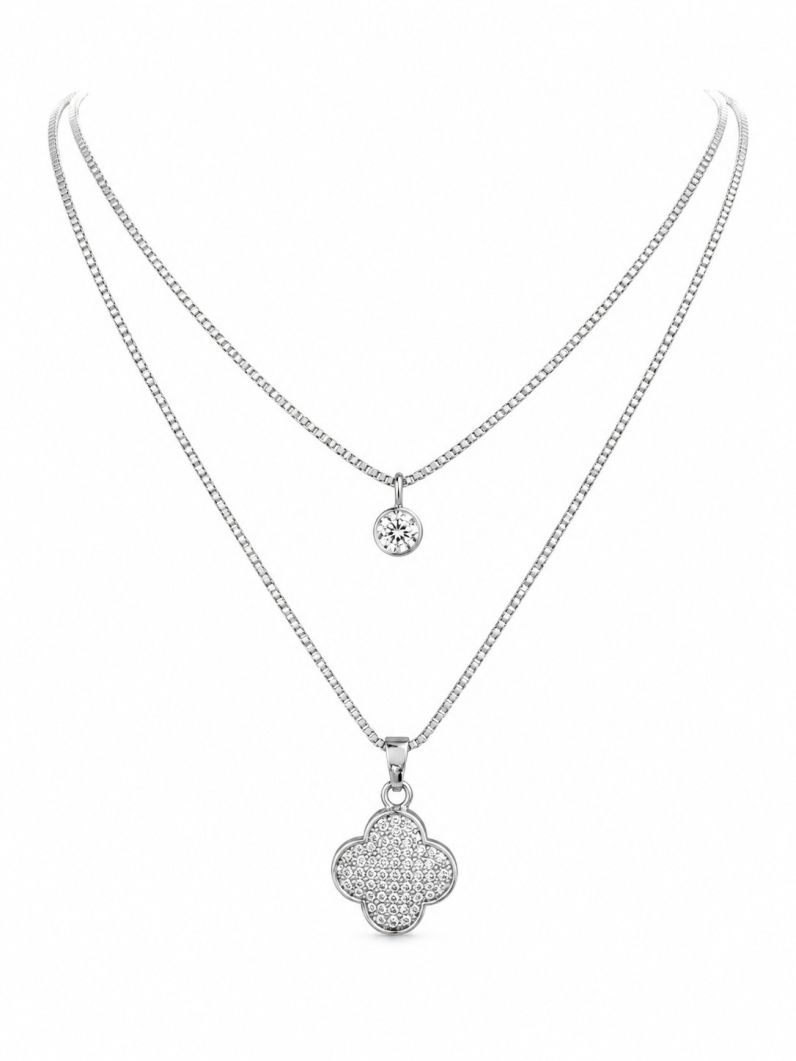 Colar Aço Inoxidavel Duplo Folheado a Ouro 18k e Prata Pingente Inspiração Vg Cravejado e Ponto de Luz