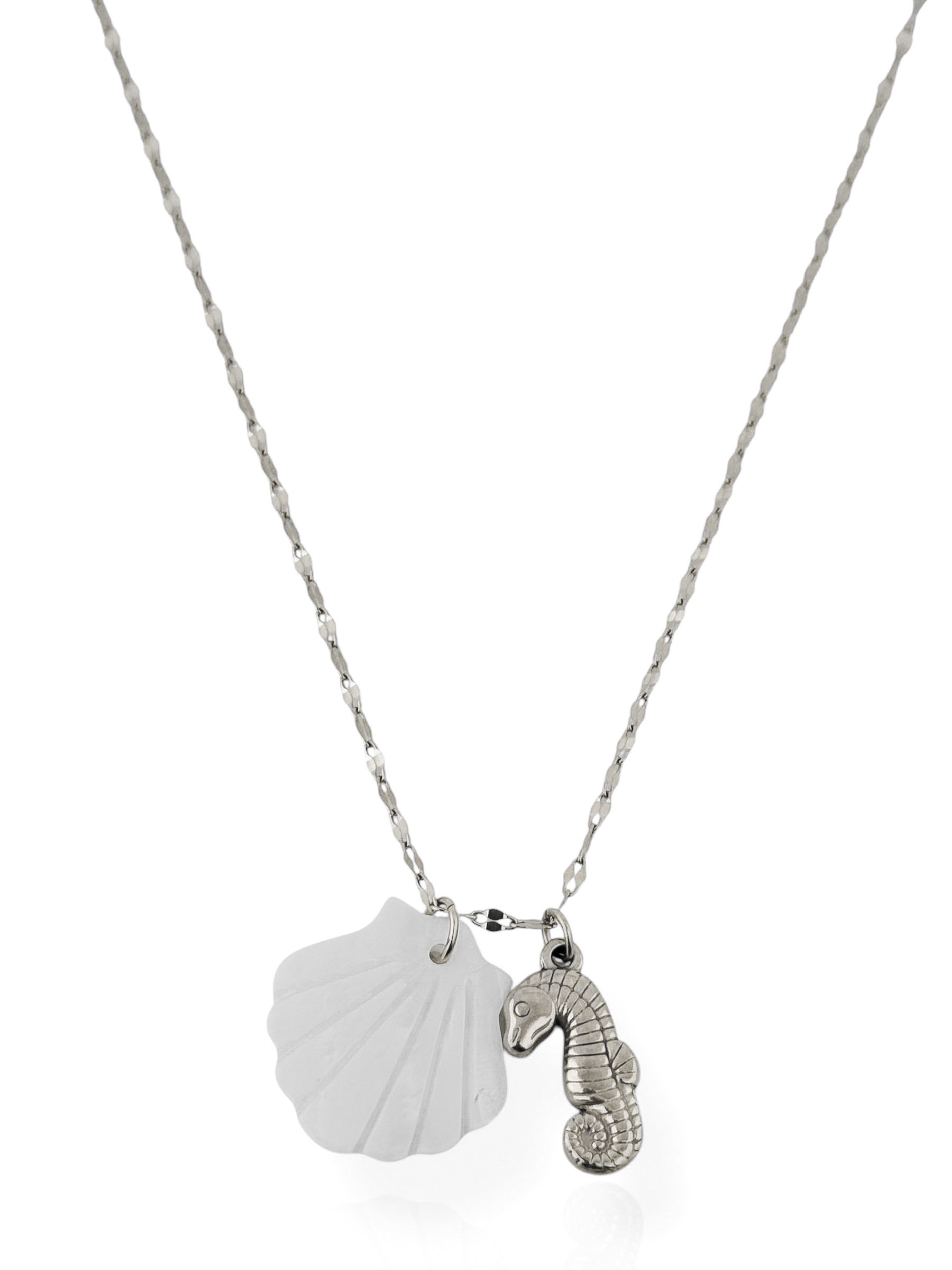 Colar Aço Inoxidável Folheado a Ouro 18k e Prata Com Pingente Concha e Cavalo Marinho