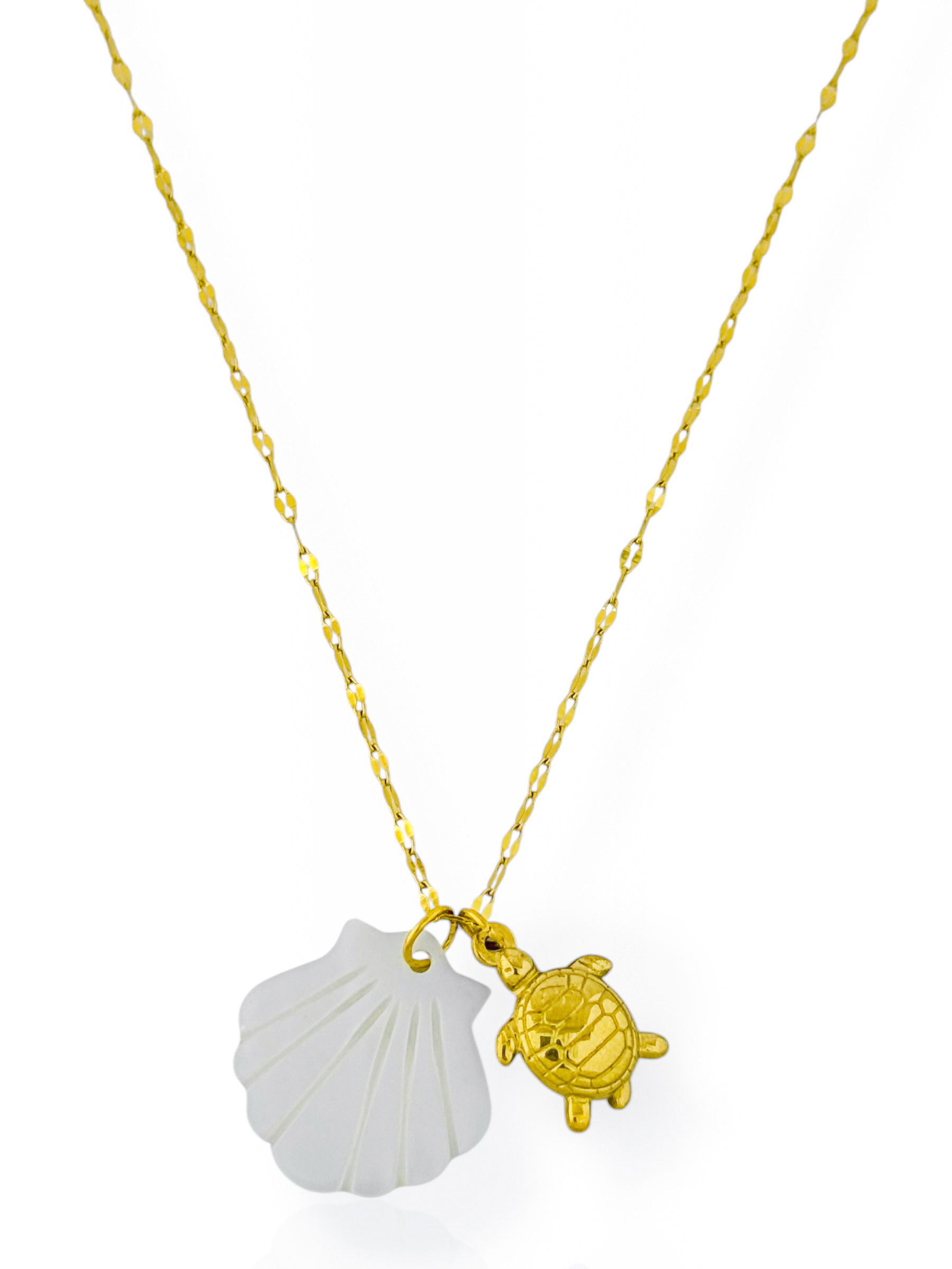 Colar Aço Inoxidável Folheado a Ouro 18k e Prata Com Pingente Concha e Tartaruga