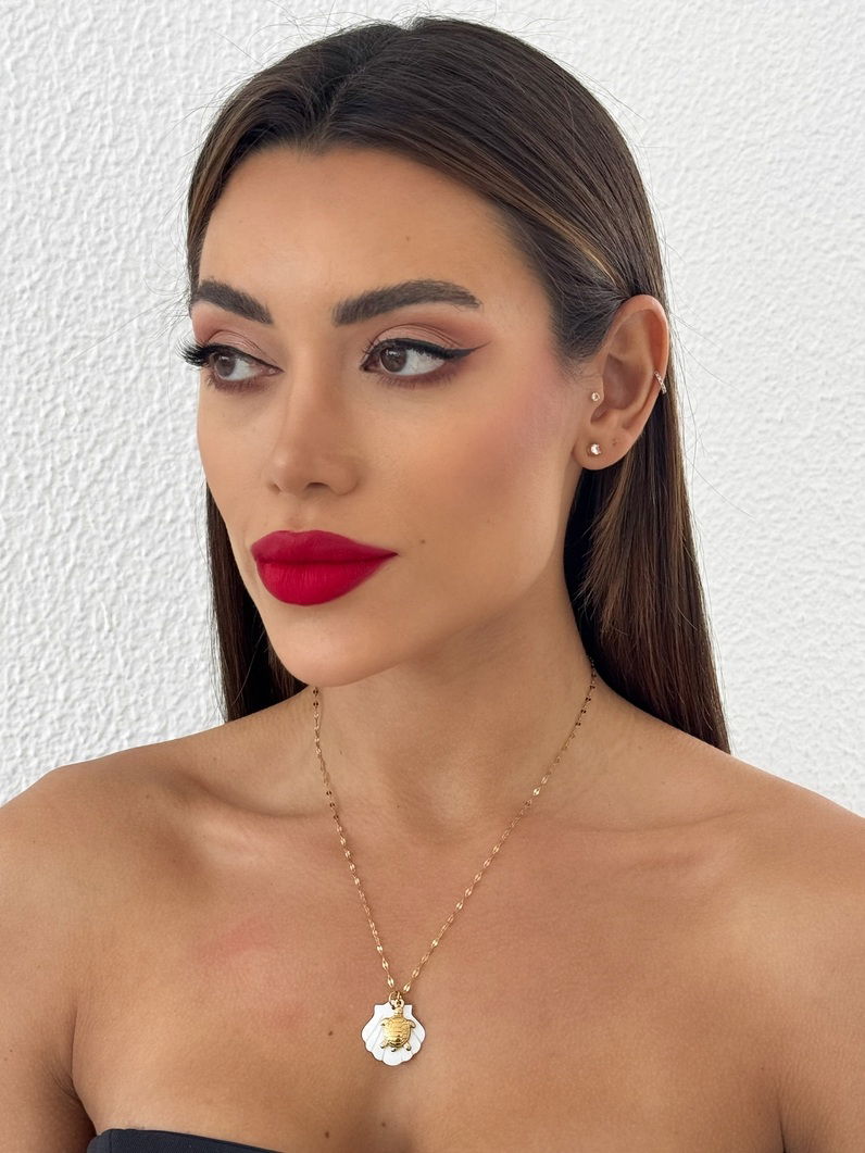 Colar Aço Inoxidável Folheado a Ouro 18k e Prata Com Pingente Concha e Tartaruga