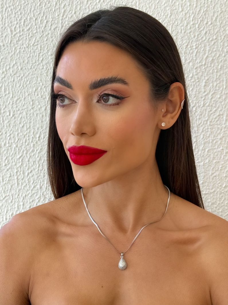 Colar Aço Inoxidavel Folheado a Ouro 18k e Prata Fita Laminada Com Pingente Gota Cravejado
