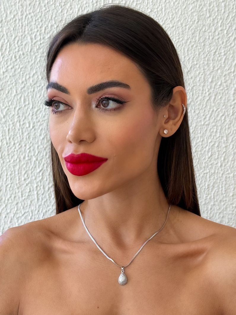 Colar Aço Inoxidavel Folheado a Ouro 18k e Prata Fita Laminada e Pingente Gota Cravejado