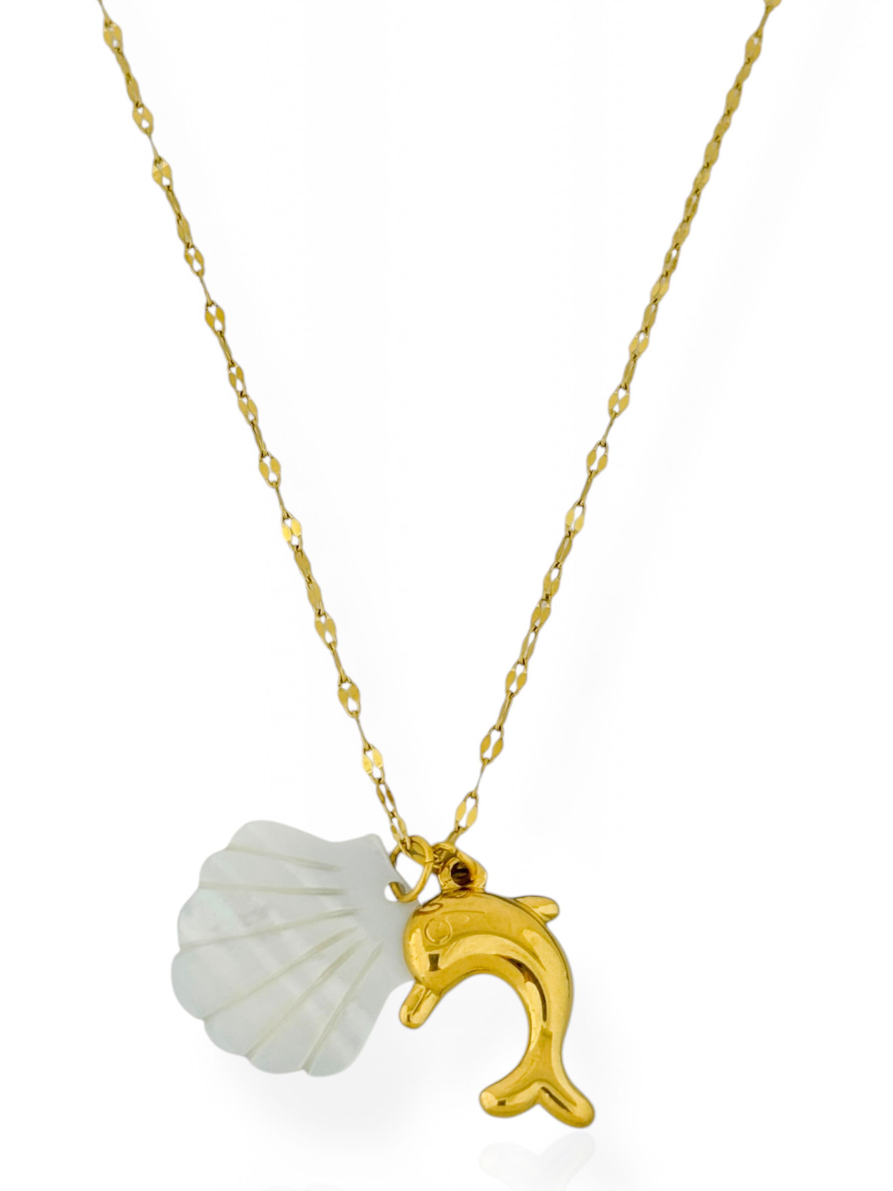 Colar Aço Inoxidável Folheado a Ouro 18k e Prata Pingente Golfinho e Concha