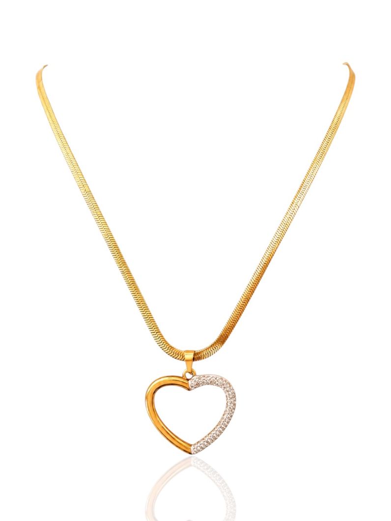 Colar Aço Inoxidavel Folheado Ouro 18k Fita Laminada Com Coraçõa Cravejado