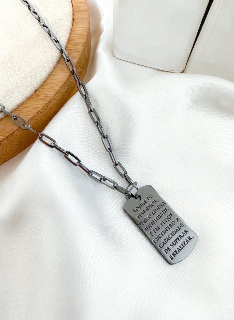 Colar Masculino Semi Joia Elo Cartier Pingente Placa com Digital