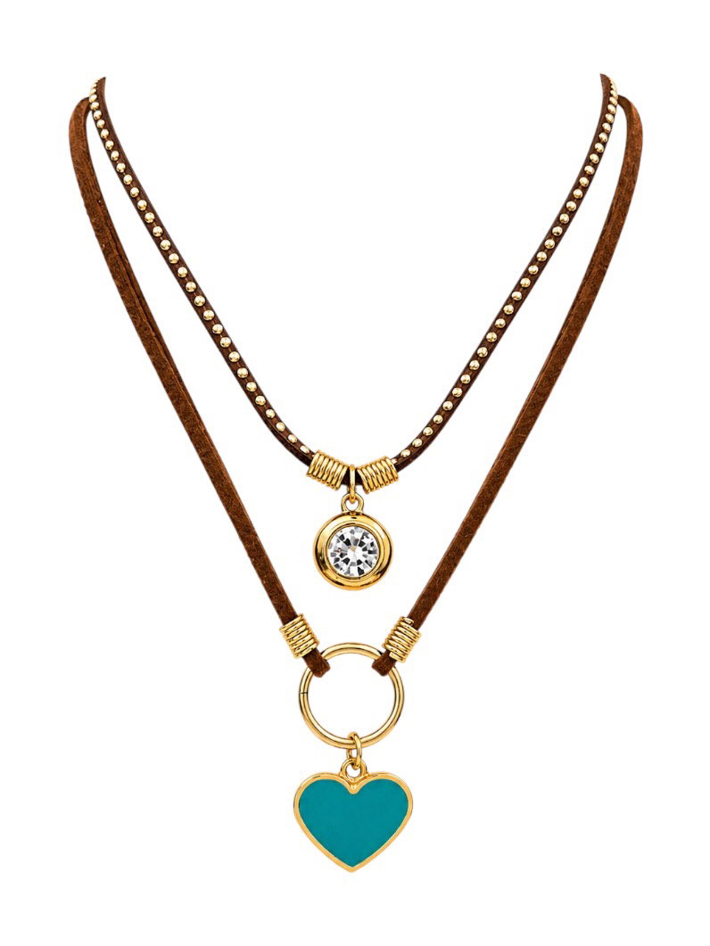 Colar Boho Duplo Com Pingente Folheado a Ouro 18k Coração Resinado e Ponto de Luz