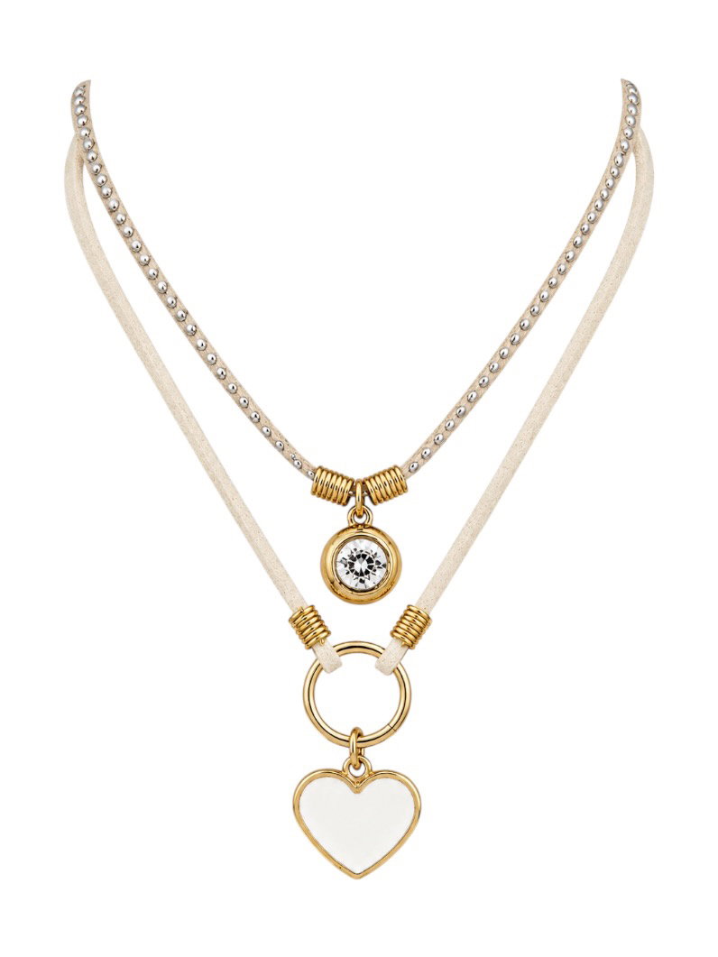 Colar Boho Duplo Com Pingente Folheado a Ouro 18k Coração Resinado e Ponto de Luz