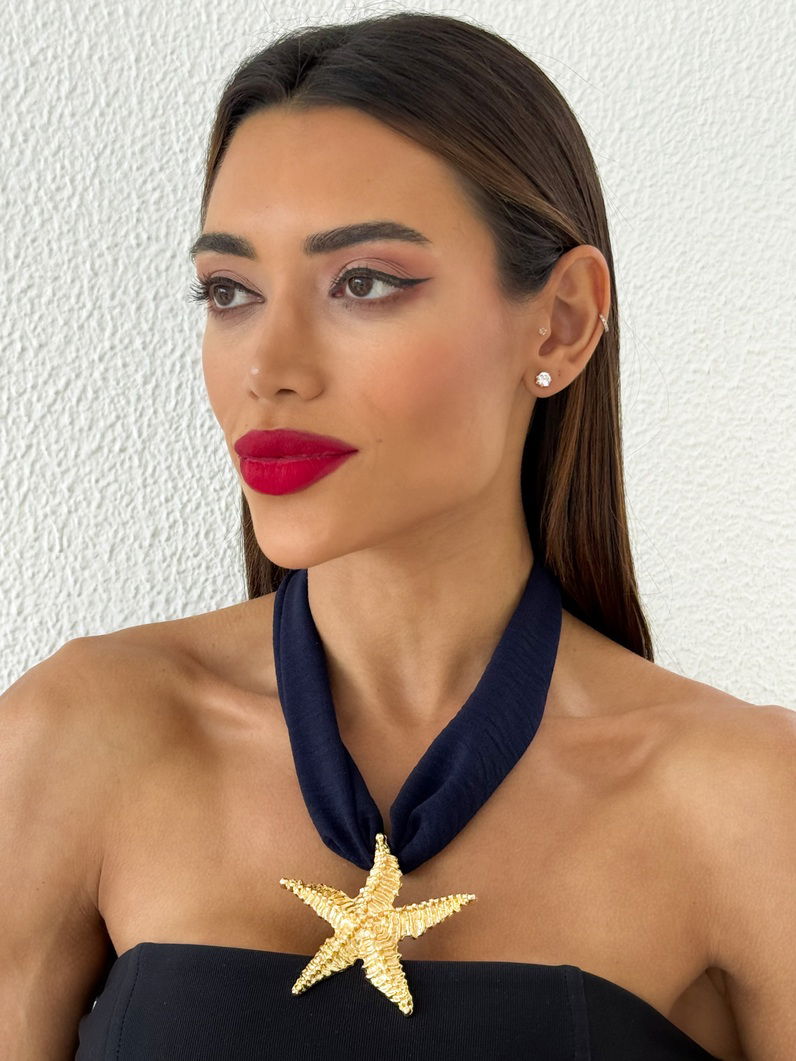 Colar Com Lenço Folheado a Ouro 18k Pingente Estrela do Mar