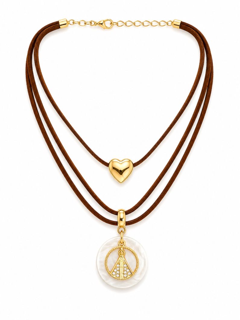 Colar Courinho Pingentes Folheado a Ouro 18k Com Nossa Senhora Cravejada