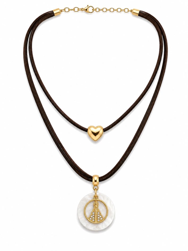 Colar Courinho Pingentes Folheado a Ouro 18k Com Nossa Senhora Cravejada