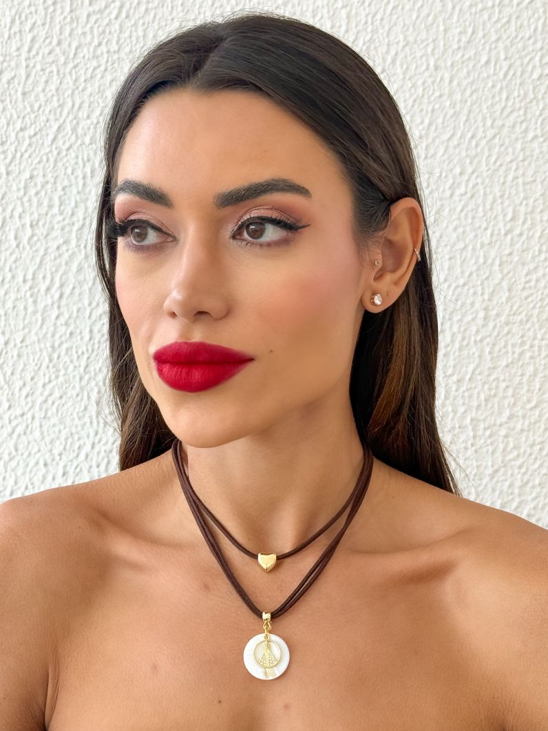Colar Courinho Pingentes Folheado a Ouro 18k Com Nossa Senhora Cravejada