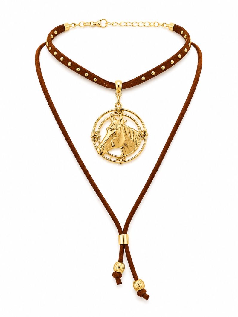 Colar Courinho Pingentes Folheado a Ouro 18k Design Cavalo