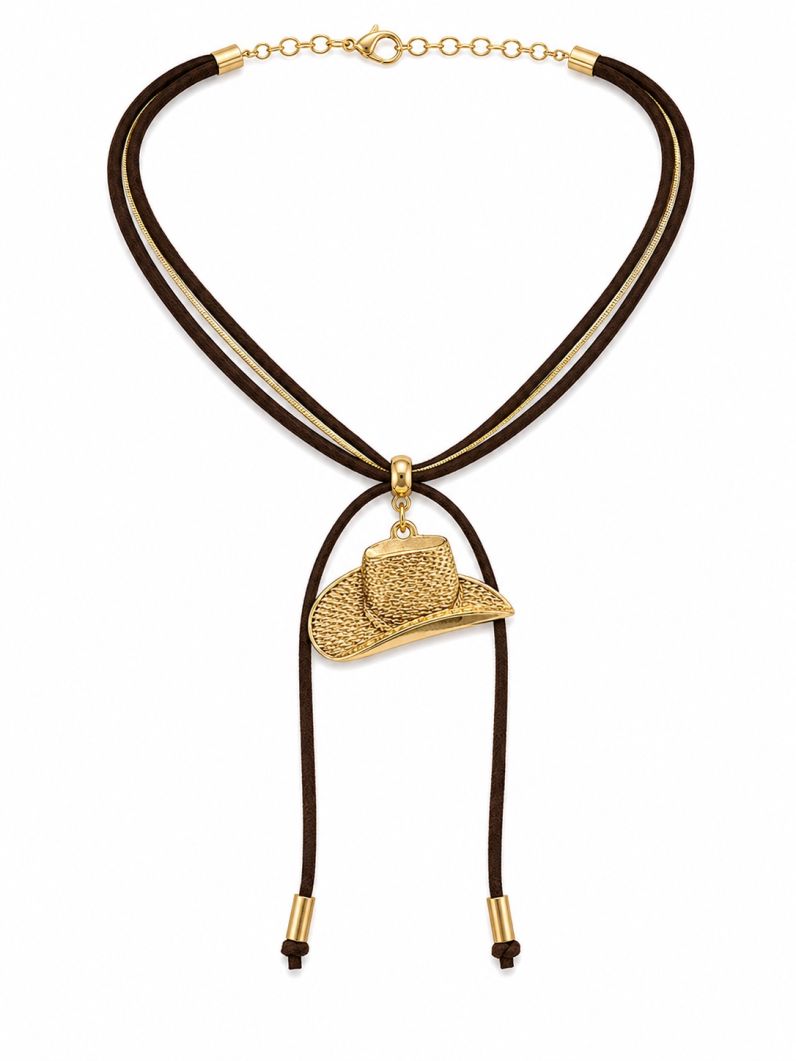 Colar Courinho Pingentes Folheado a Ouro 18k Design Chapéu Martelado
