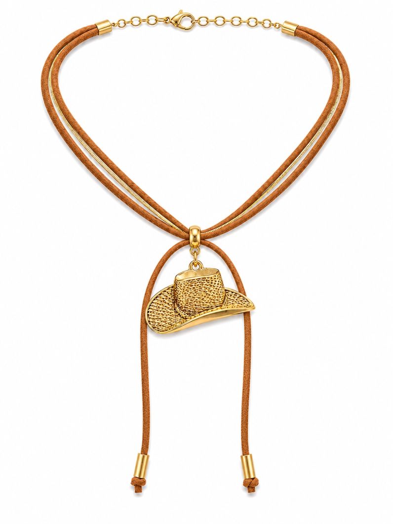 Colar Courinho Pingentes Folheado a Ouro 18k Design Chapéu Martelado