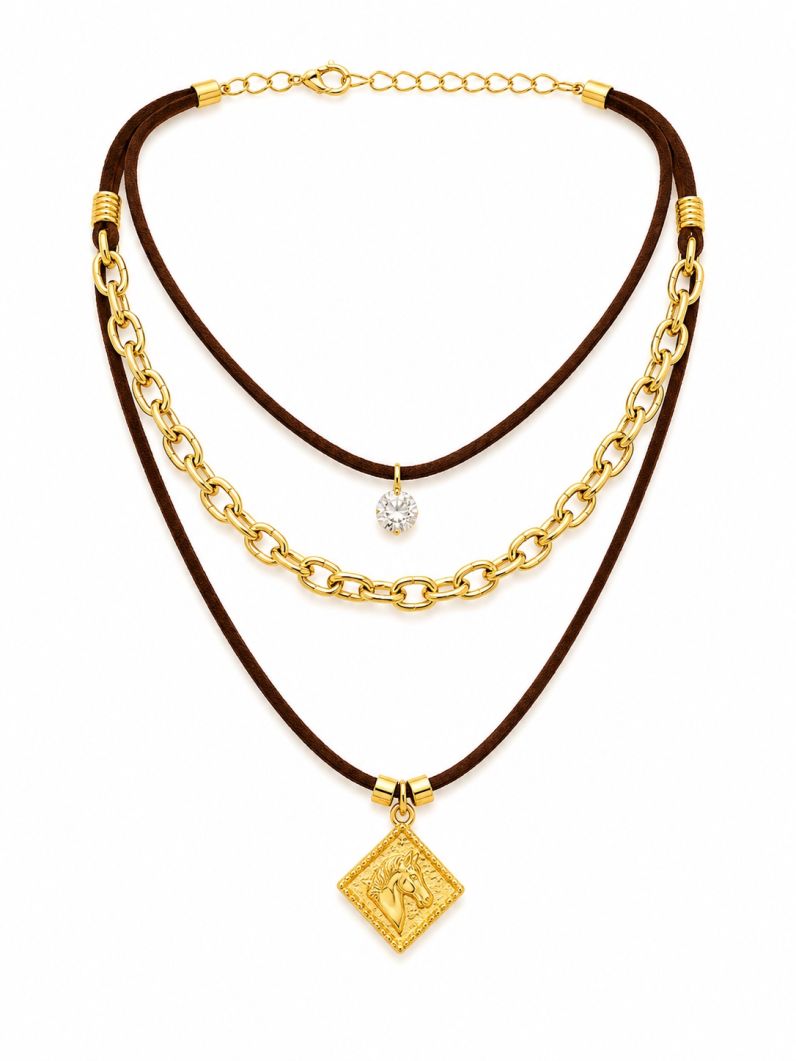 Colar Courinho Pingentes Folheado a Ouro 18k Elos Com Pingente Country