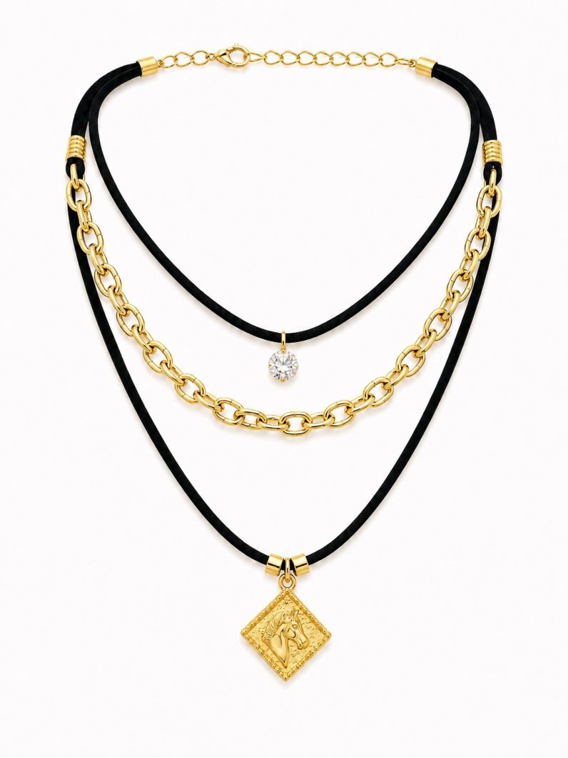 Colar Courinho Pingentes Folheado a Ouro 18k Elos Com Pingente Country