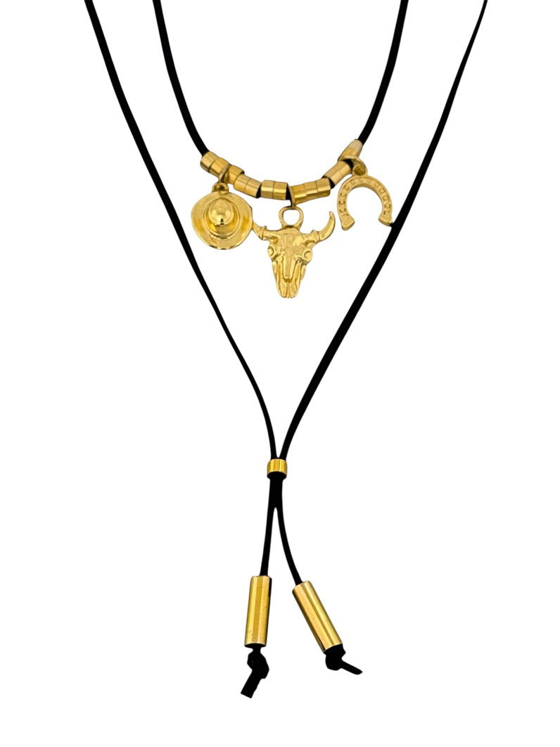 Colar Courinho Preto Folheado a Ouro 18k Pingente Ferradura, Touro e Chapéu