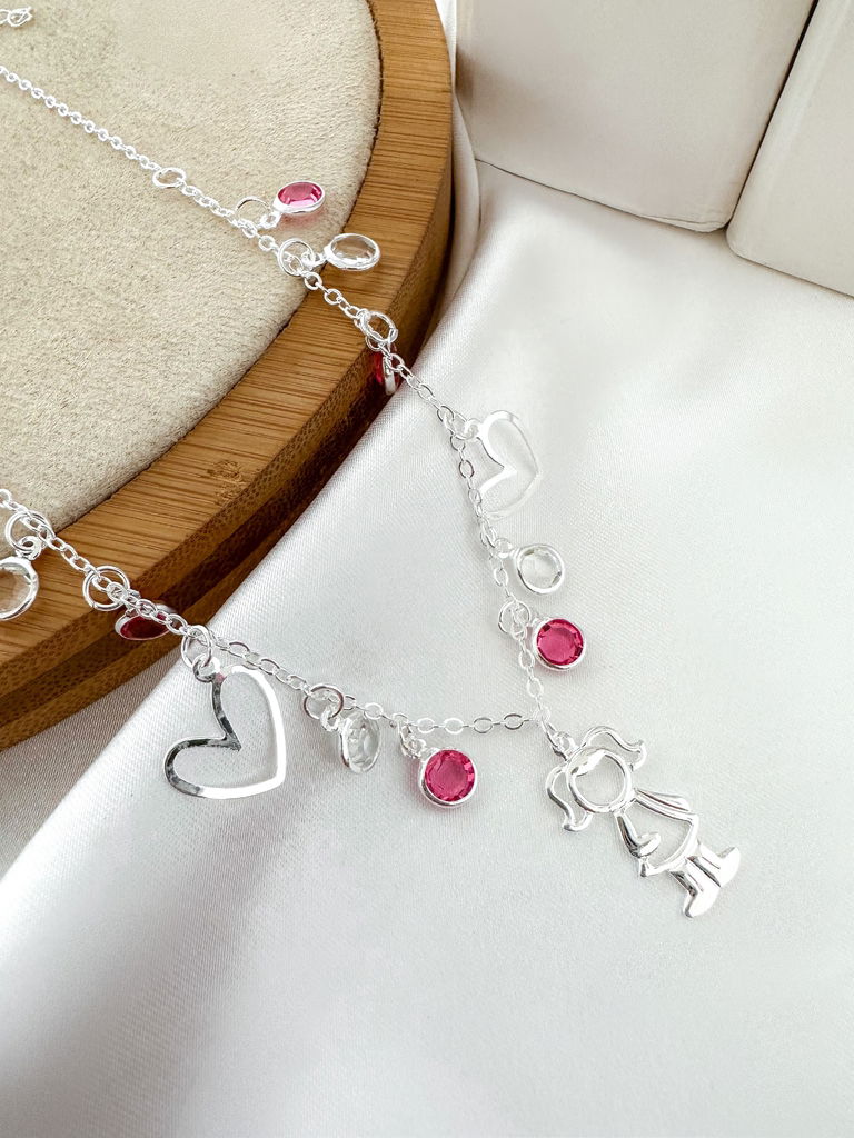 Colar cristal com coração e pingente de menina folheado a ouro 18k e prata 925