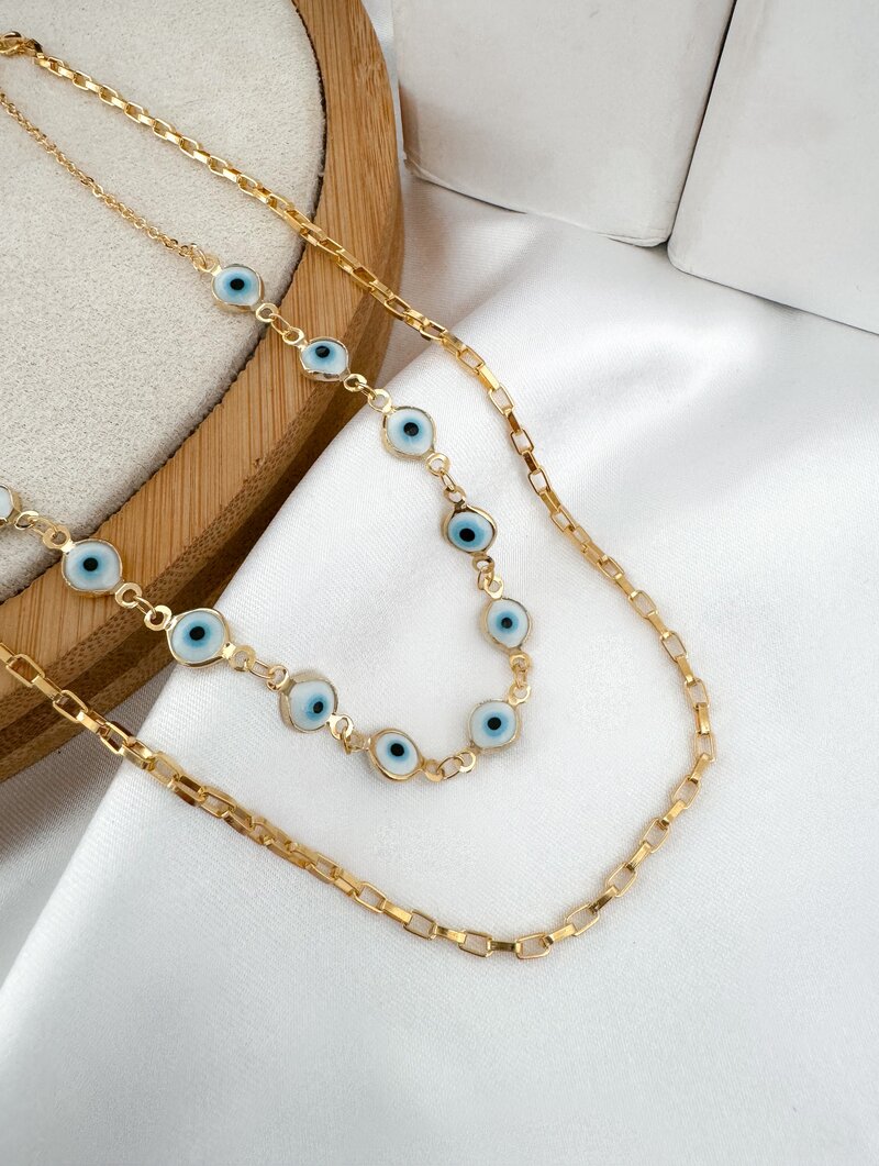 Colar Dois Fios Folheado a Ouro 18k Corrente Quadrada com Olho Grego