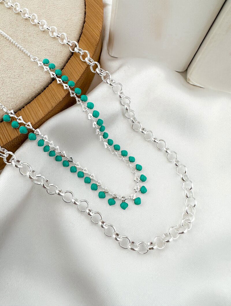 Colar Dois Fios Folheado a Prata 925 Elos Português com Pingentes Resinados