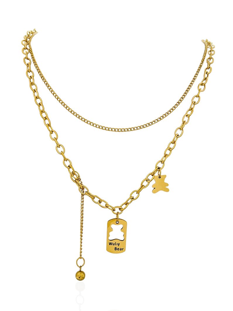 Colar Duplo Aço Inoxidável Folheado a Ouro 18k Elos e Ursinho