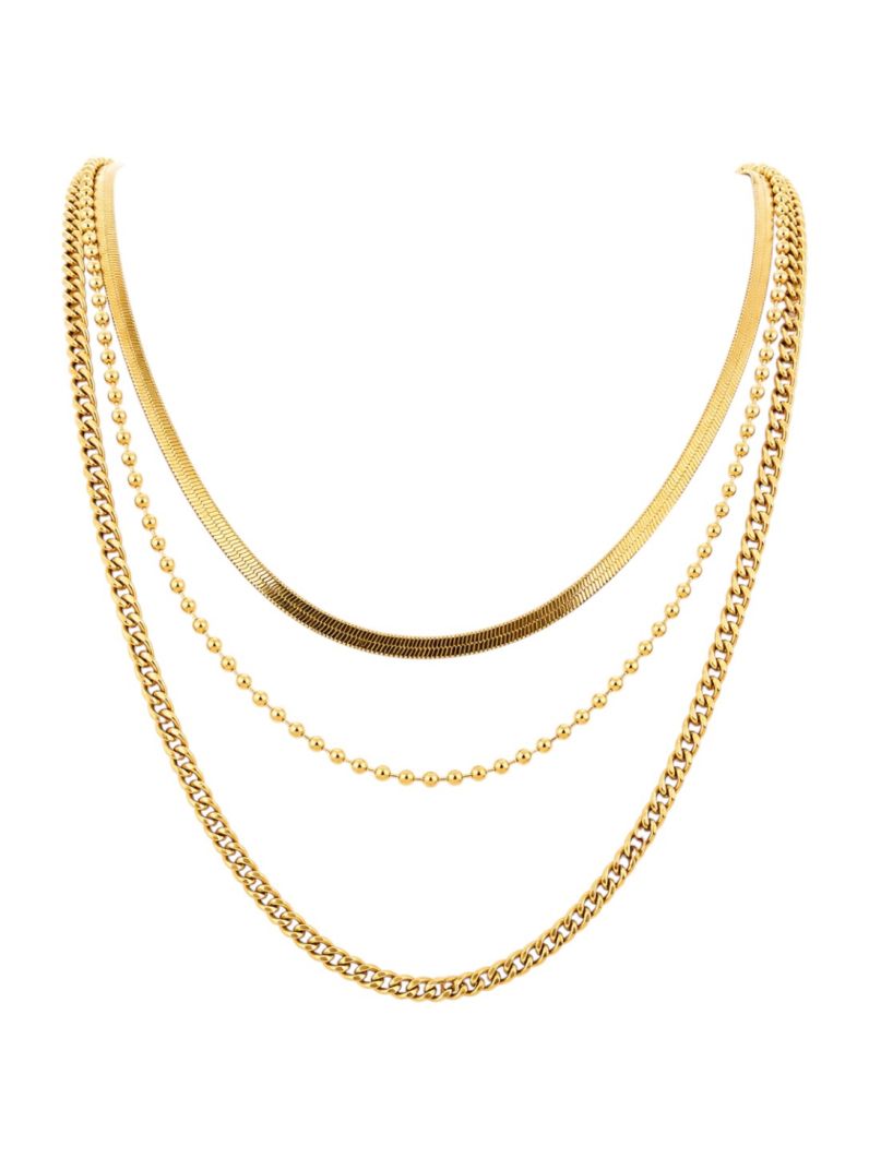 Colar Duplo Aço Inoxidavel Folheado a Ouro 18k Fita Laminada Com Elo Grumet e Esferas