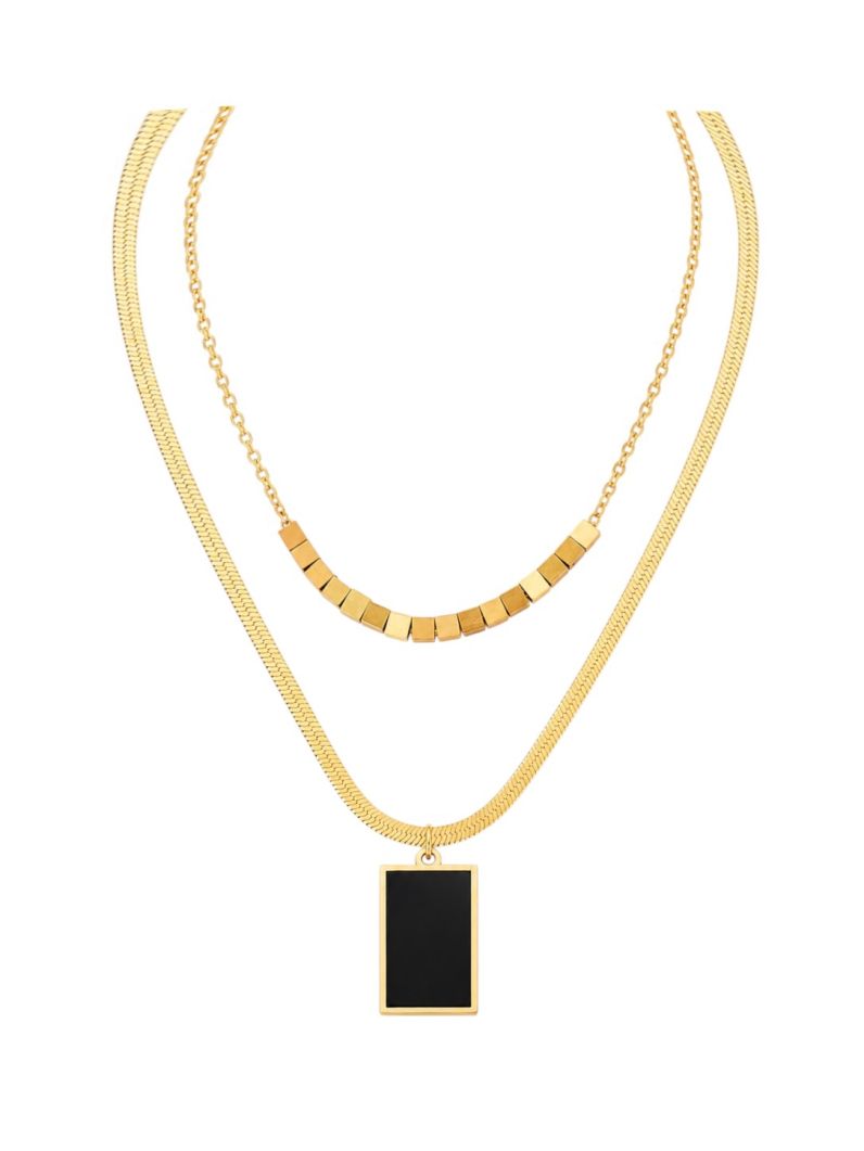 Colar Duplo Aço Inoxidavel Folheado a Ouro 18k Fita Laminada Quadrados e Resinado