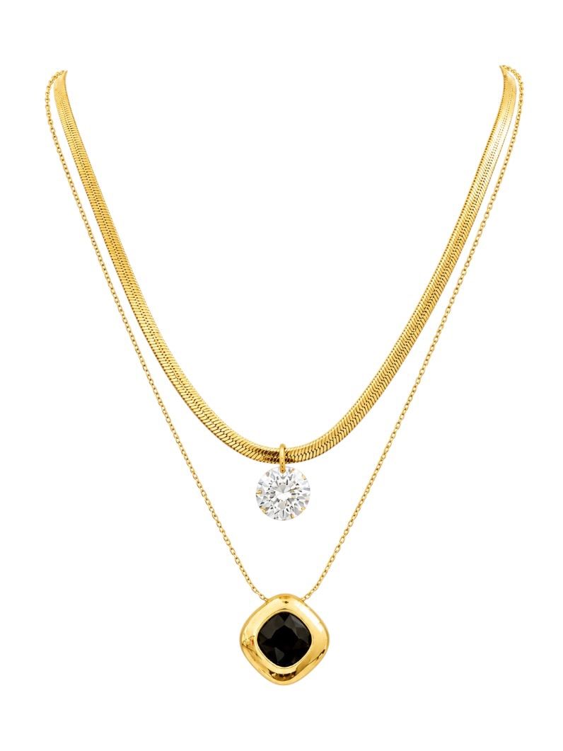 Colar Duplo Aço Inoxidável Folheado a Ouro 18k Quadrado Cristal e Ponto de Luz