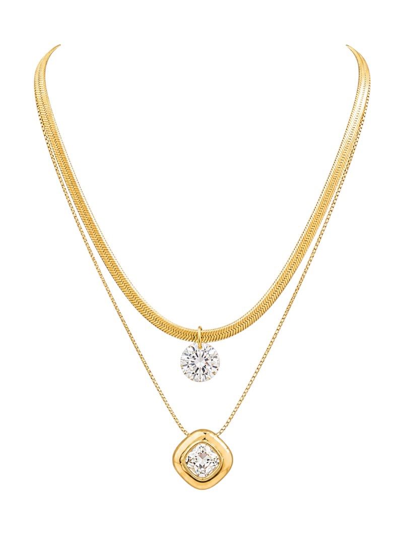 Colar Duplo Aço Inoxidável Folheado a Ouro 18k Quadrado Cristal e Ponto de Luz