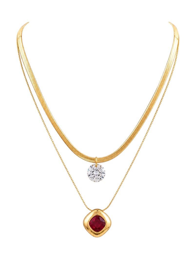 Colar Duplo Aço Inoxidável Folheado a Ouro 18k Quadrado Cristal e Ponto de Luz