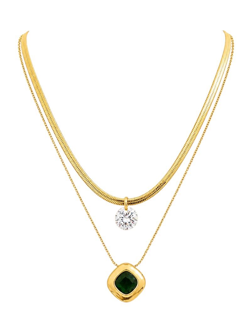 Colar Duplo Aço Inoxidável Folheado a Ouro 18k Quadrado Cristal e Ponto de Luz