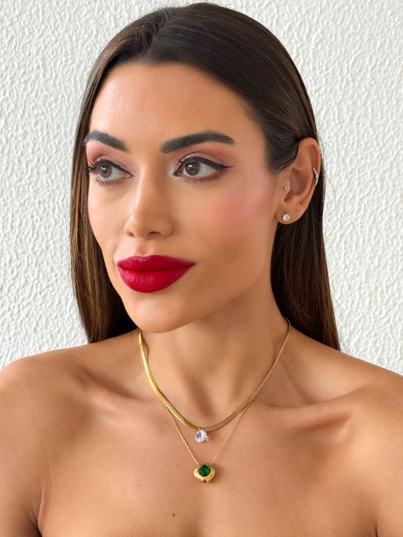 Colar Duplo Aço Inoxidável Folheado a Ouro 18k Quadrado Cristal e Ponto de Luz