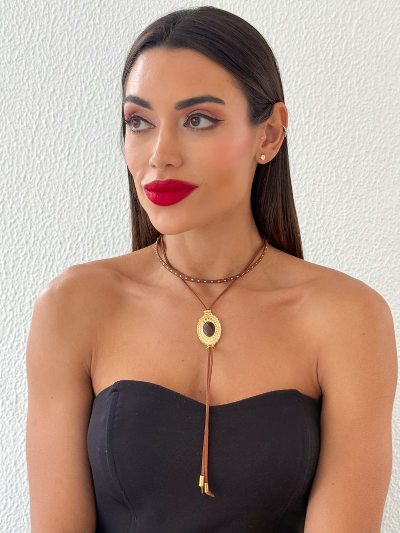 Colar Duplo Boho Folheado a Ouro 18k Oval Desenhado