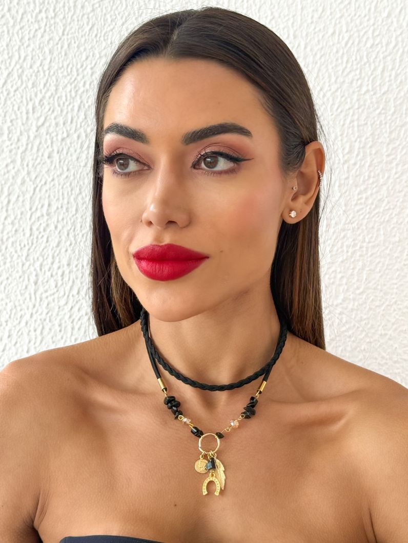 Colar Duplo Com Pingente Folheado a Ouro 18k Cristais Com Minçangas