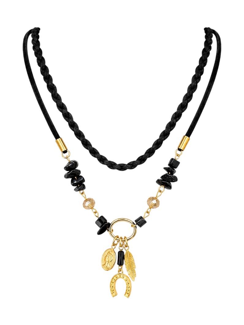 Colar Duplo Com Pingente Folheado a Ouro 18k Cristais Com Minçangas