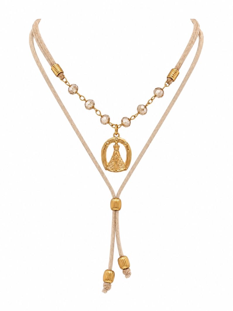 Colar Duplo Courinho Com Pingente Folheado a Ouro 18k Nossa Senhora e Cristais