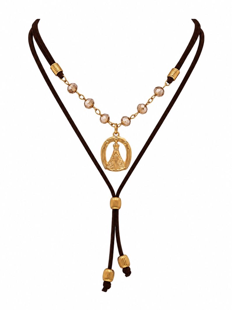 Colar Duplo Courinho Com Pingente Folheado a Ouro 18k Nossa Senhora e Cristais