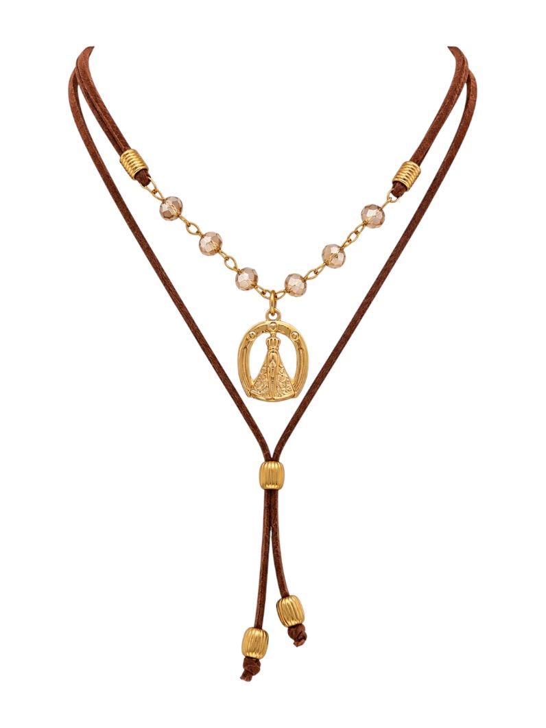 Colar Duplo Courinho Com Pingente Folheado a Ouro 18k Nossa Senhora e Cristais
