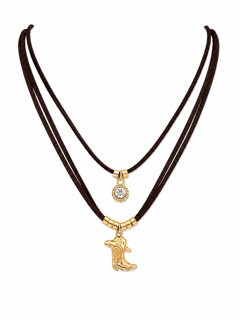 Colar Duplo Courinho Folheado a Ouro 18k Ponto de Luz Com Pingente Bota
