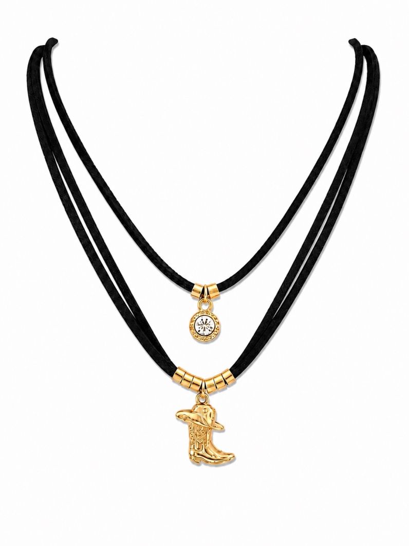 Colar Duplo Courinho Folheado a Ouro 18k Ponto de Luz Com Pingente Bota