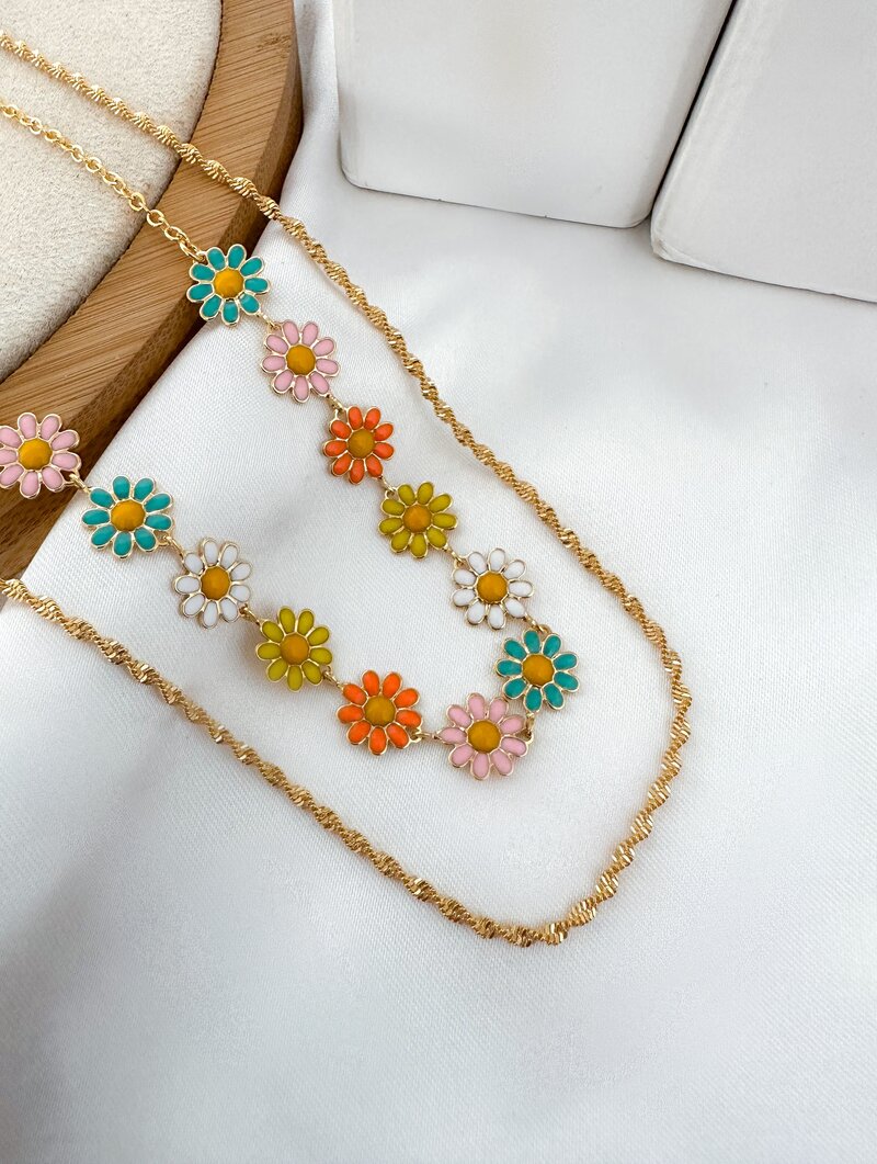 Colar Duplo Folheado a Ouro 18k Margaridas Coloridas
