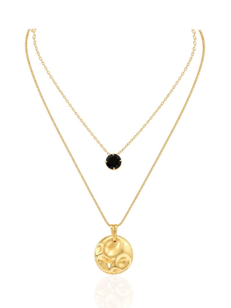 Colar Duplo Folheado a Ouro 18k Botton Martelado e Cristal Preto