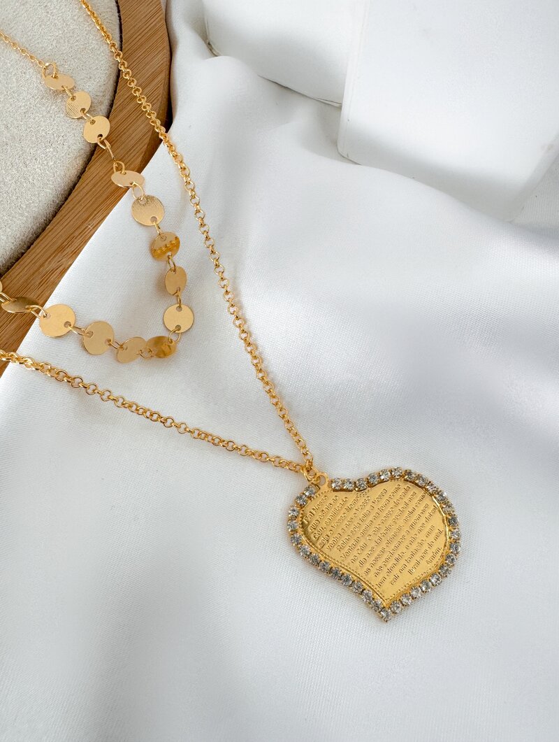 Colar Duplo Folheado a Ouro 18k Chapinhas com Coração Pai Nosso