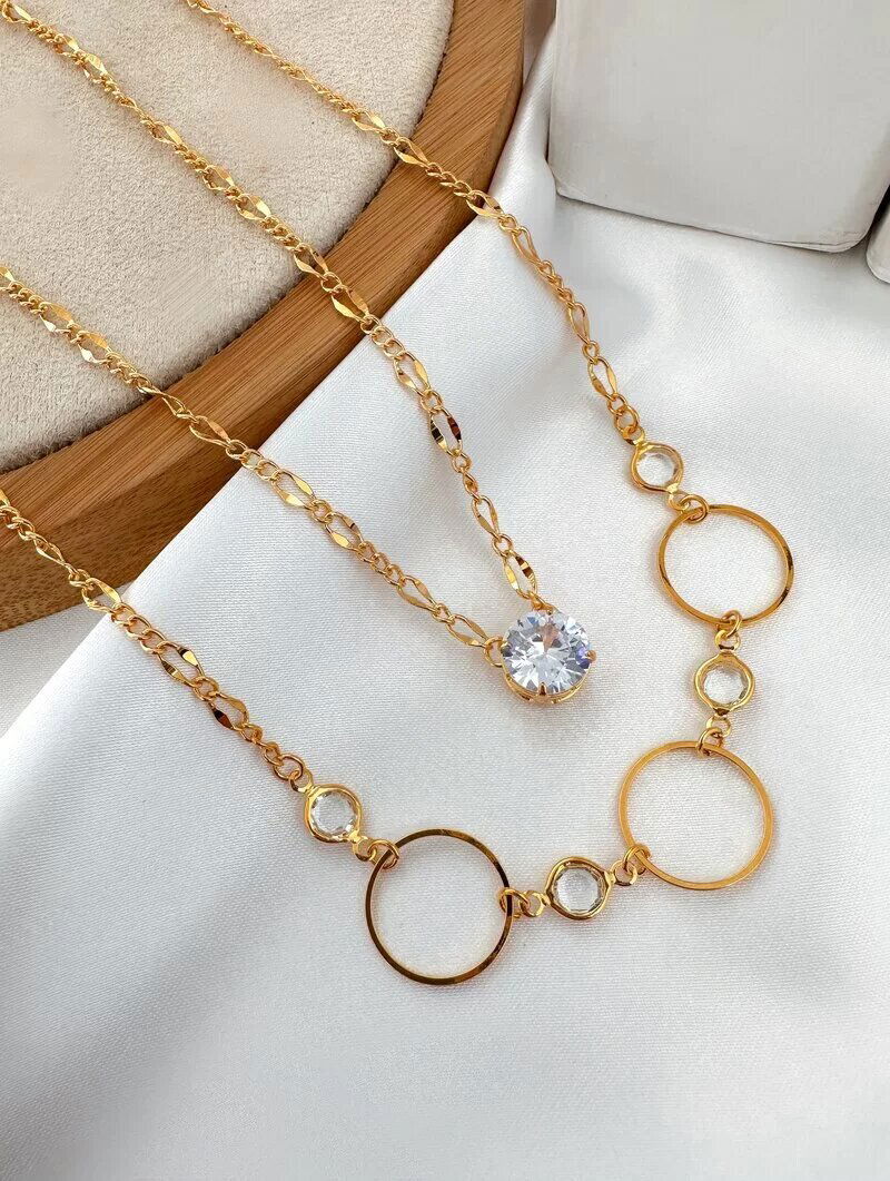 Colar Duplo Folheado a Ouro 18k Circulos Vazados com Pingente de Zircônia
