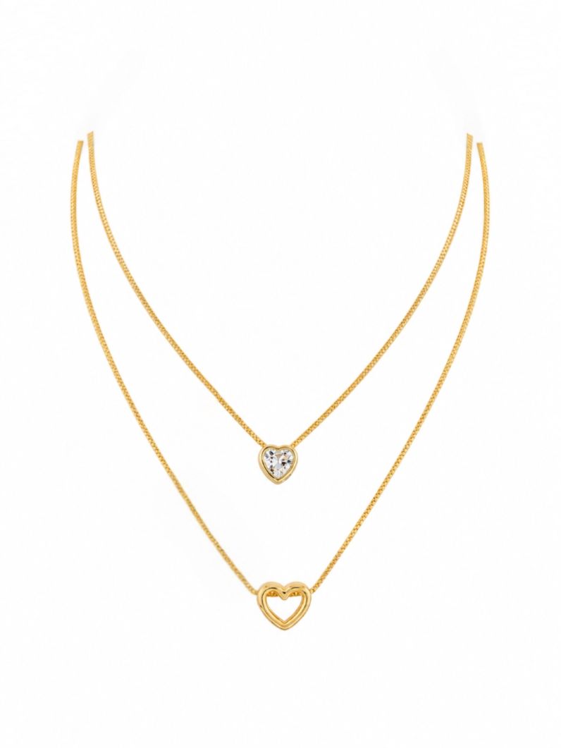 Colar Duplo Folheado a Ouro 18k Coração Cravejado e Vazado