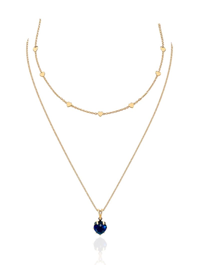 Colar Duplo Folheado a Ouro 18k Coração Cristal Azul