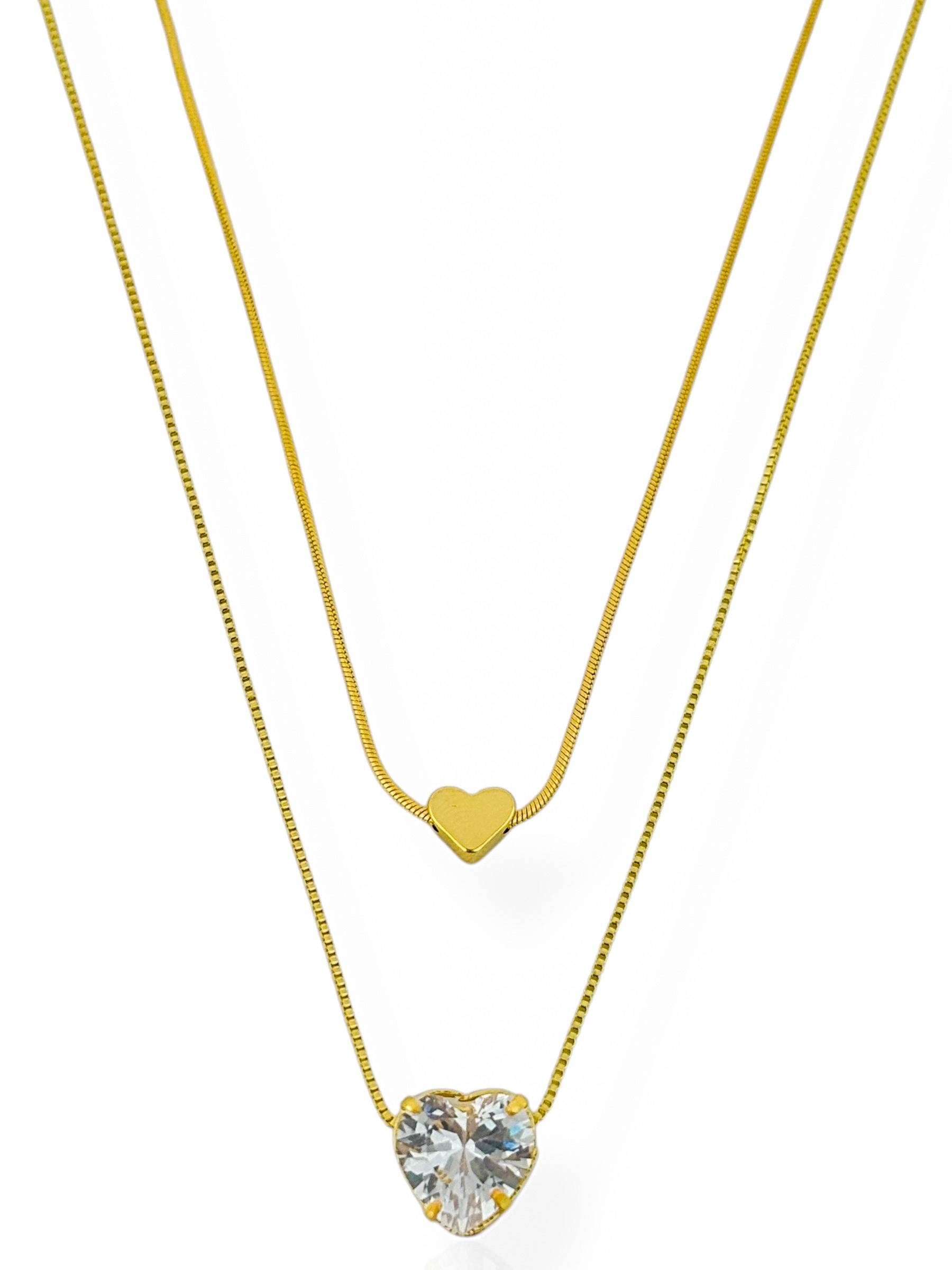 Colar Duplo Folheado a Ouro 18k Coração Liso e Coração de Cristal